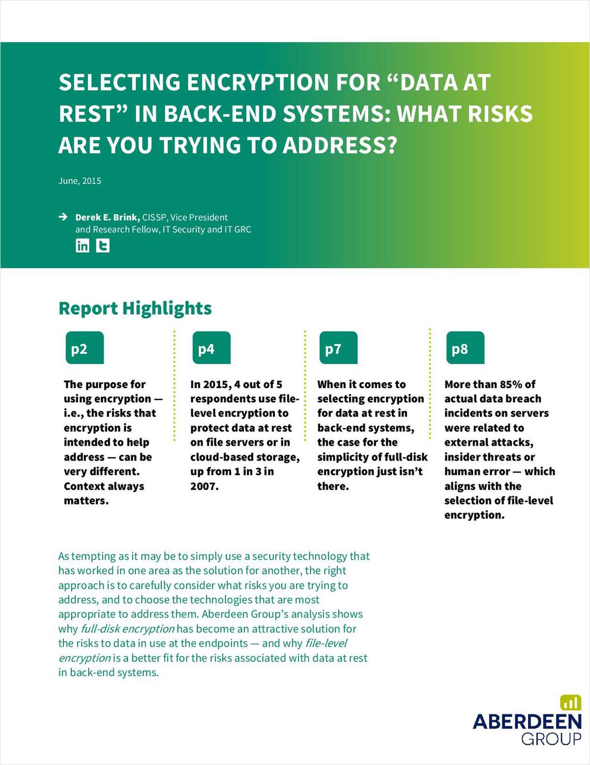 Aberdeen Group: Selecting Encryption for 'Data at Rest' in Back-End Systems